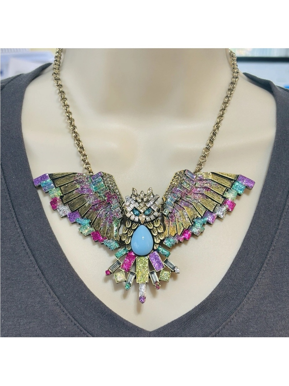 Owl Pendant Statement Upcycled Necklace Multicolor Glitter Colorful 19" -22"